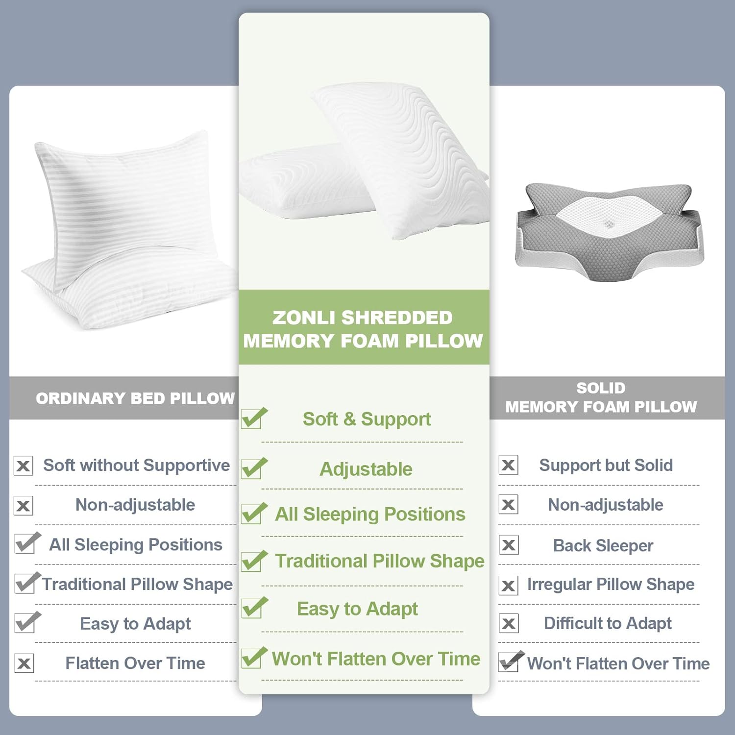 ZonLi Cooling Memory Foam Pillow 20quotx 26quot Side Sleeper Pillows Standard Size Bed Pillows with Machine Washable Cover Adjustable Loft Pillow for Back and Neck Pain Sleepers White Pack of 1