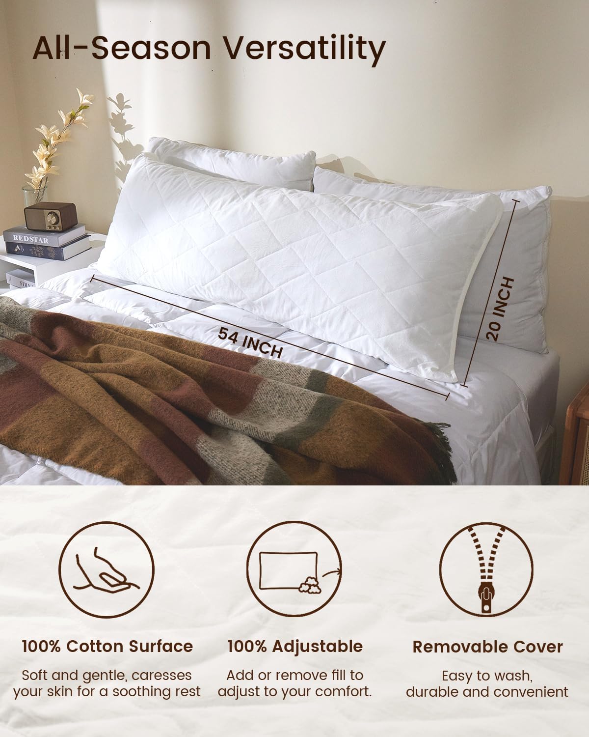 ZonLi Fluffy Body Pillow Full Body Pillows for Adults Long Pillow for Sleeping with Removable Cover and Adjustable Filling for Side Sleeper ampamp PregnancyLarge and Firm Pillow Machine WashableGreyLinen White