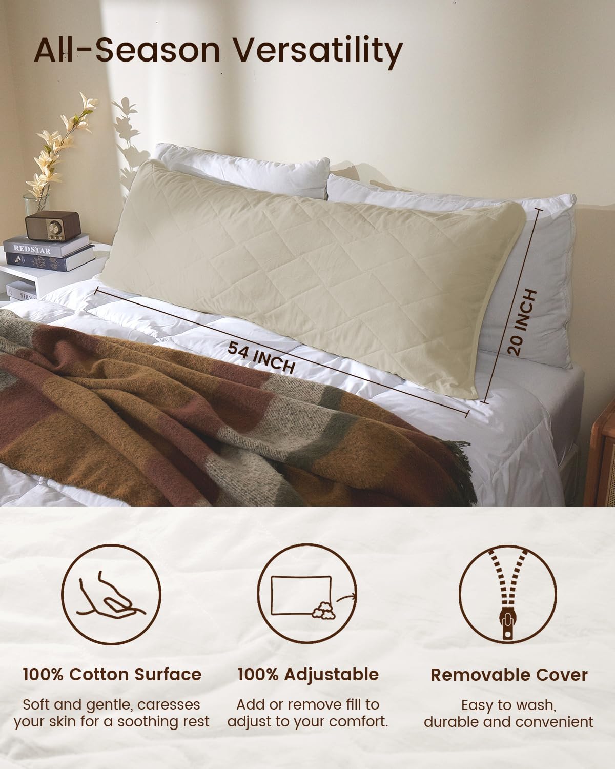 ZonLi Fluffy Body Pillow Full Body Pillows for Adults Long Pillow for Sleeping with Removable Cover and Adjustable Filling for Side Sleeper ampamp PregnancyLarge and Firm Pillow Machine WashableGreySandstone Beige