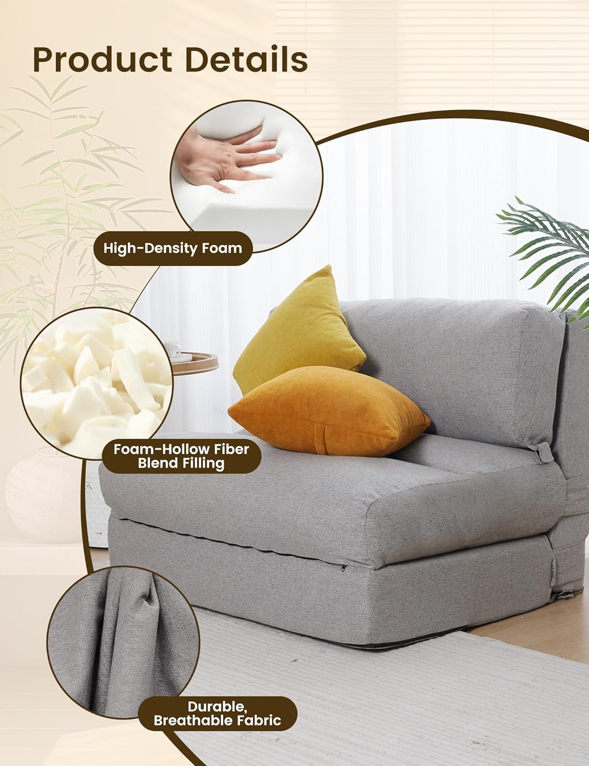 ZonLi Futon Sofa BedConvertible Folding Mattress Sleeper Chair Twin SizeMemory Foam Futon Sofa Couch with Washable Coverfor Living RoomDormGuest RoomHome OfficeLoft Apartment GrayGrey