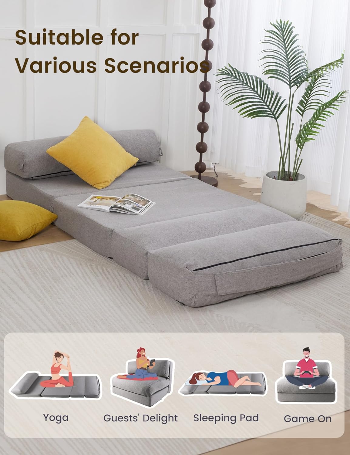 ZonLi Futon Sofa BedConvertible Folding Mattress Sleeper Chair Twin SizeMemory Foam Futon Sofa Couch with Washable Coverfor Living RoomDormGuest RoomHome OfficeLoft Apartment GrayGrey