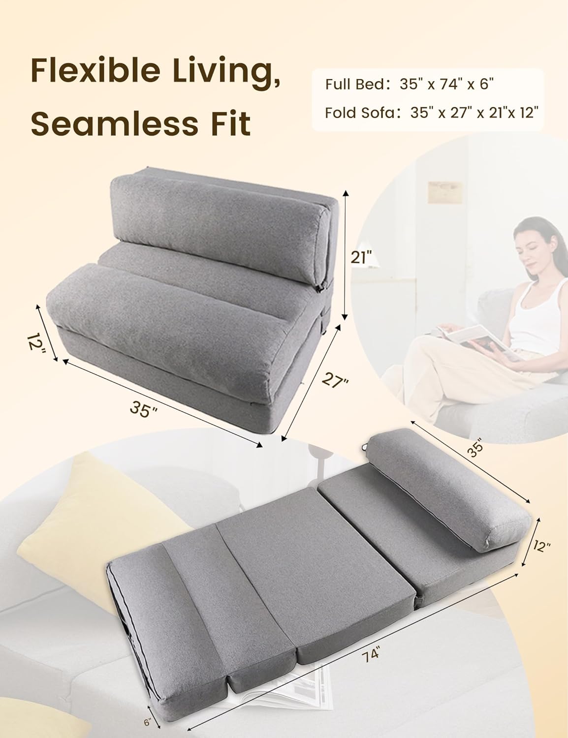 ZonLi Futon Sofa BedConvertible Folding Mattress Sleeper Chair Twin SizeMemory Foam Futon Sofa Couch with Washable Coverfor Living RoomDormGuest RoomHome OfficeLoft Apartment GrayGrey
