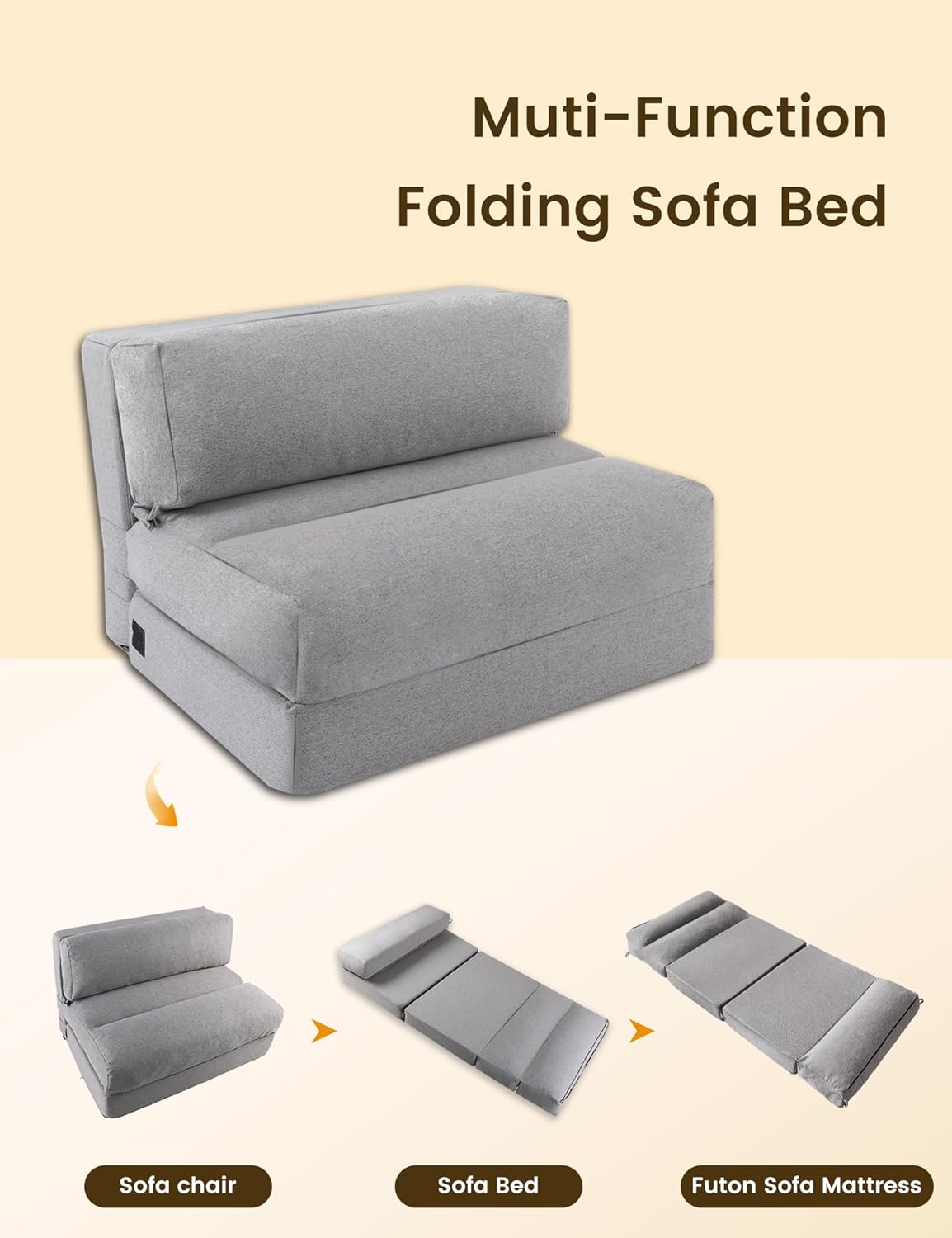 ZonLi Futon Sofa BedConvertible Folding Mattress Sleeper Chair Twin SizeMemory Foam Futon Sofa Couch with Washable Coverfor Living RoomDormGuest RoomHome OfficeLoft Apartment GrayGrey