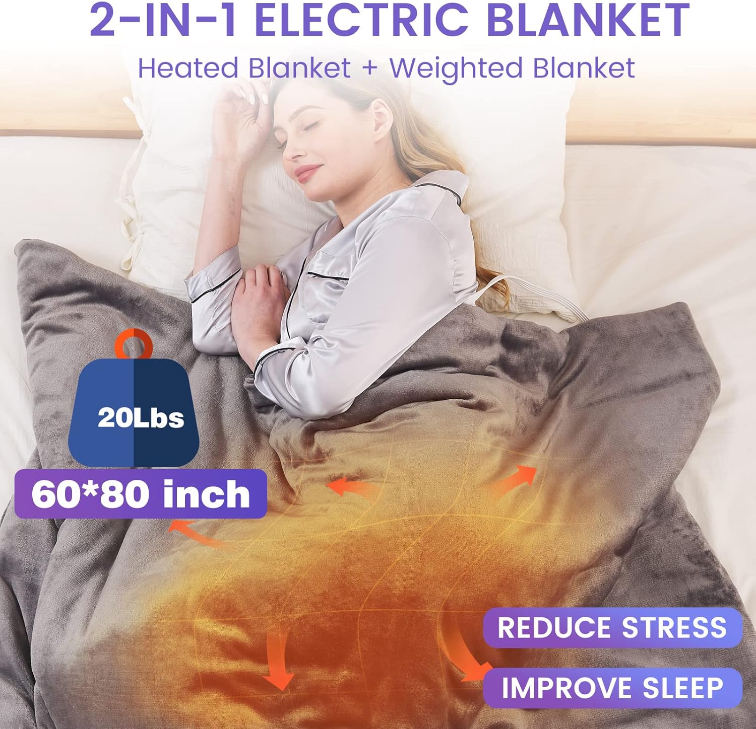 ZonLi Heated Weighted Blanket 60x80 Queen Size 20lbs Weighted Electric Blanket for Adults 10 Heating Levels Soft Comfort Flannel Fleece Heavy Electric Blanket with Glass Beads GreyGrey