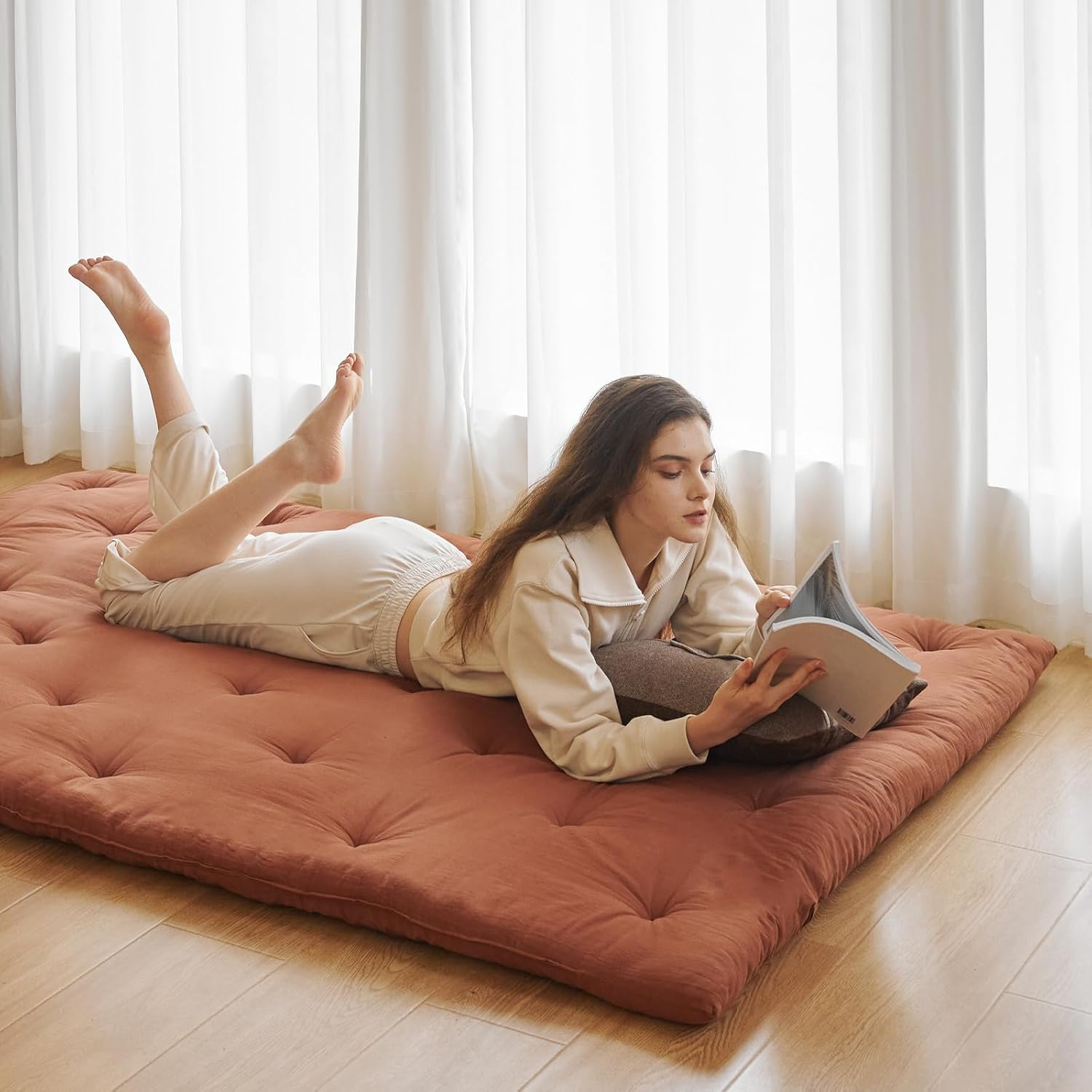 ZonLi Japanese Floor Futon Mattress Full Size 54quotx 80quot100 Cotton 25 Thicken Tatami MattressFoldable Sleeping PadPortable Dormitory Tatami MatRoll Up Floor Lounger Bed for Adult Light GreyCinnamon
