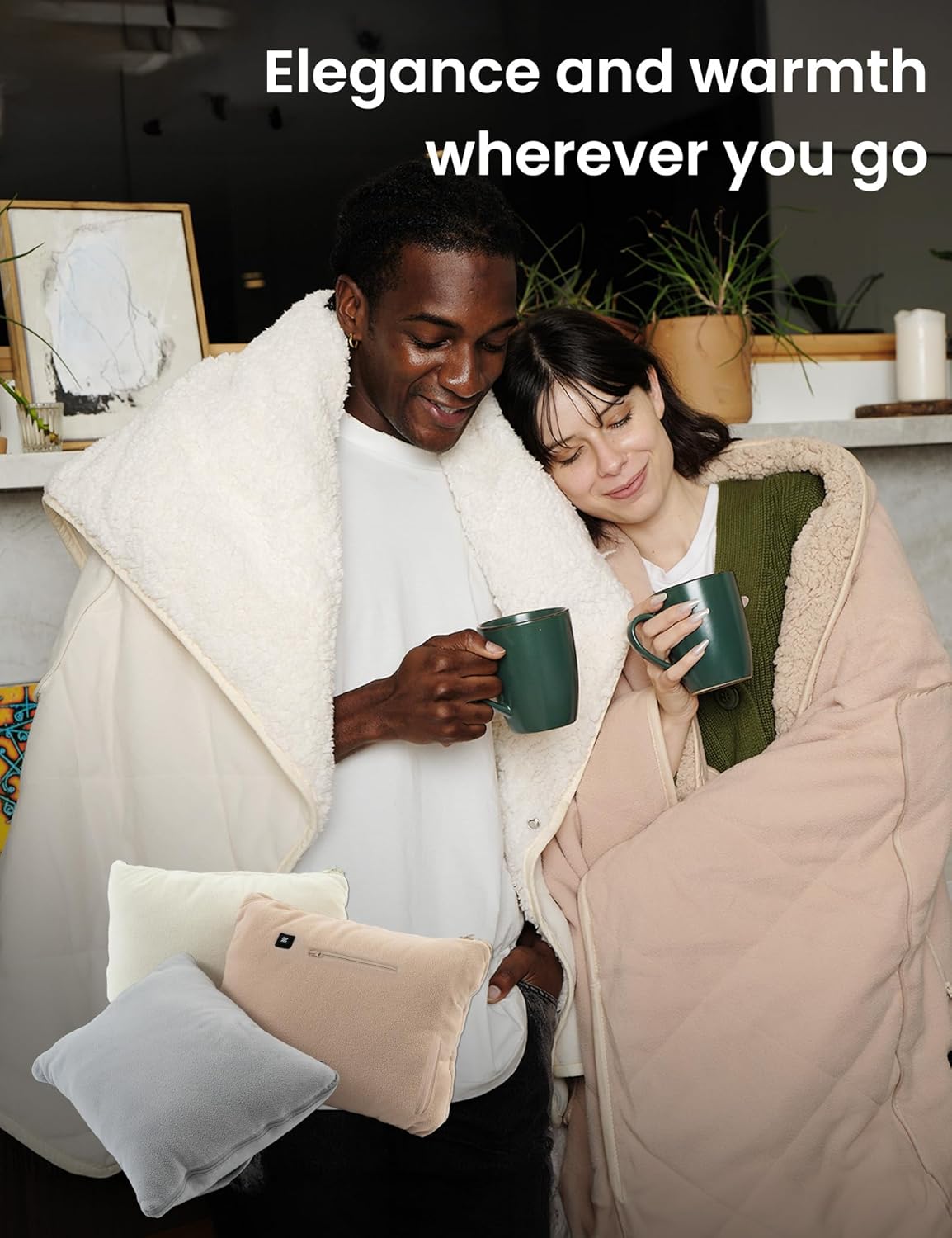 ZonLi ZHug Heated Blanket Battery Operated Portable Heated Blanket Cordless Heated Blanket with Cloak and Pillow Design 10000 mAh Battery Heated Blanket with 3 Heating Levels Honied WhitePastel Pink