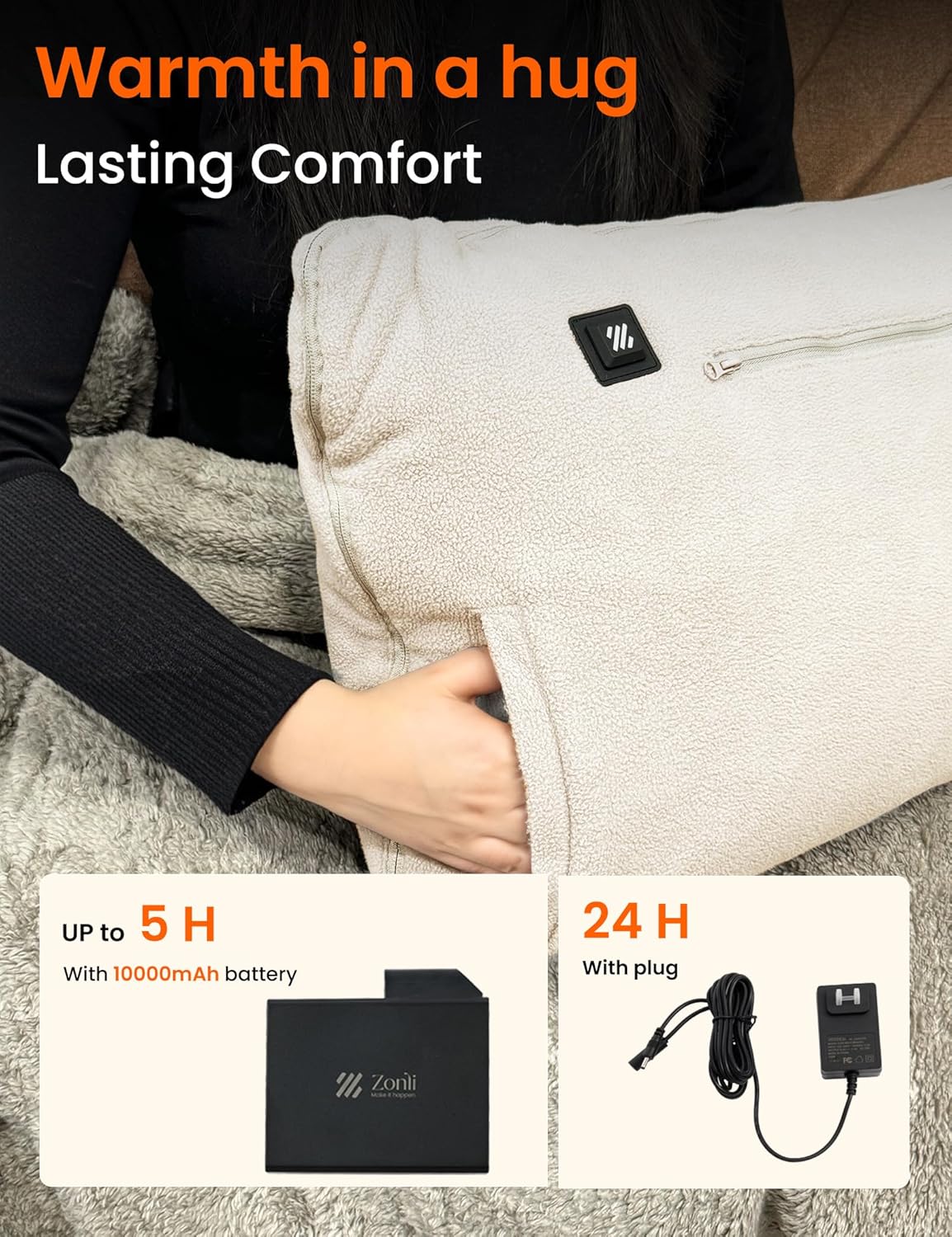 ZonLi ZHug Heated Blanket Battery Operated Portable Heated Blanket Cordless Heated Blanket with Cloak and Pillow Design 10000 mAh Battery Heated Blanket with 3 Heating Levels Honied WhiteCreamy White
