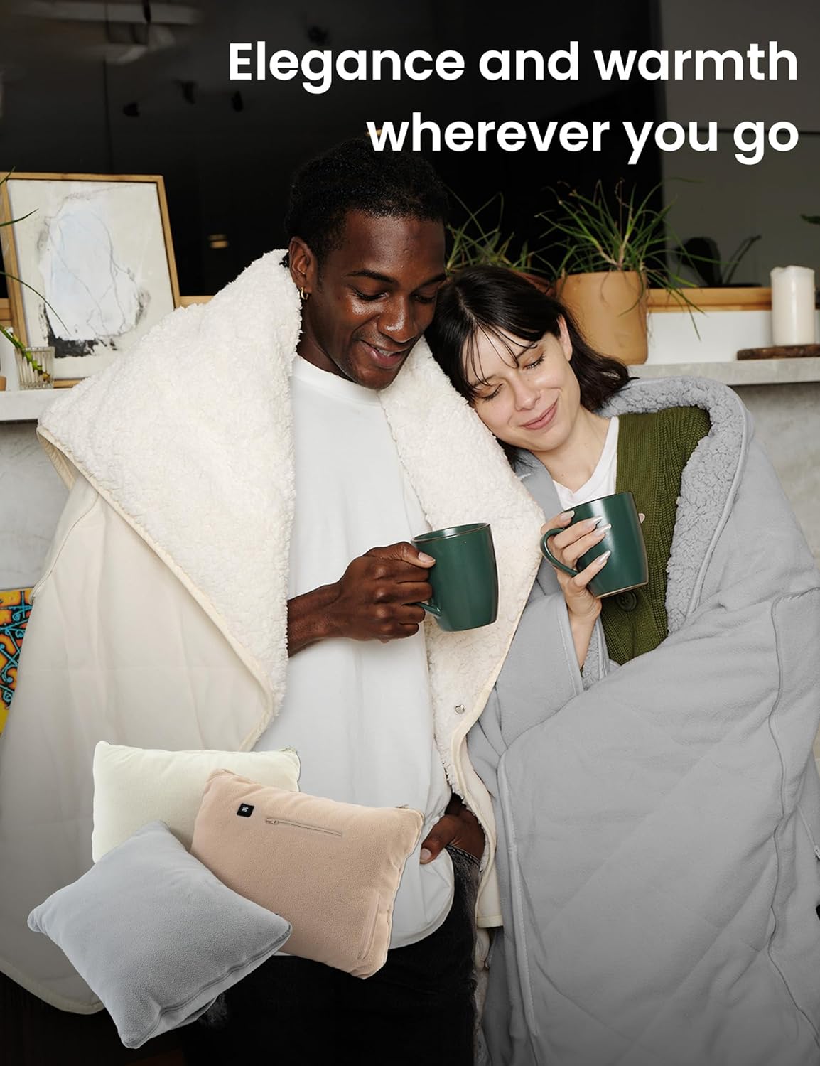 ZonLi ZHug Heated Blanket Battery Operated Portable Heated Blanket Cordless Heated Blanket with Cloak and Pillow Design 10000 mAh Battery Heated Blanket with 3 Heating Levels Honied WhiteCreamy White