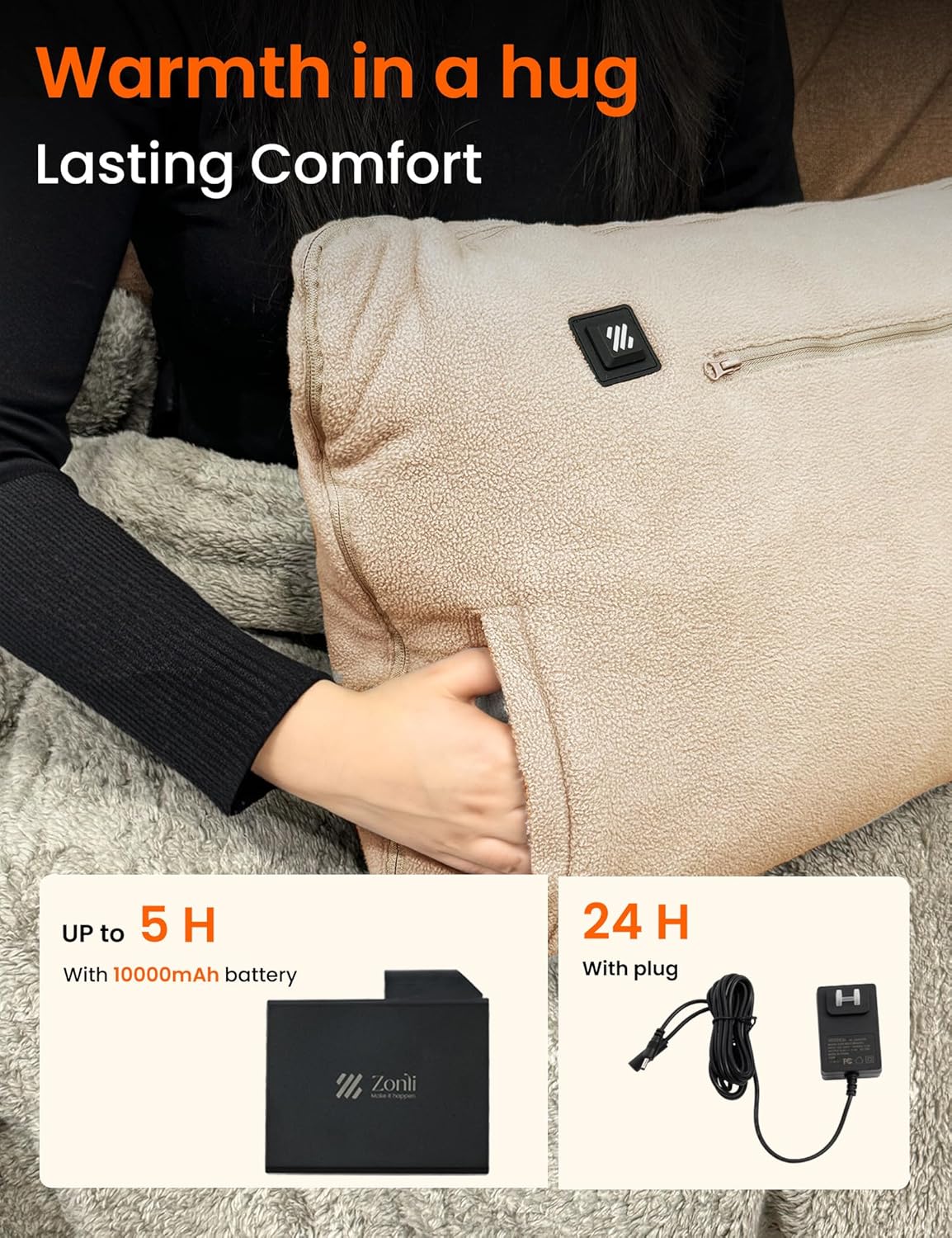 ZonLi ZHug Heated Blanket Battery Operated Portable Heated Blanket Cordless Heated Blanket with Cloak and Pillow Design 10000 mAh Battery Heated Blanket with 3 Heating Levels Honied WhitePastel Pink