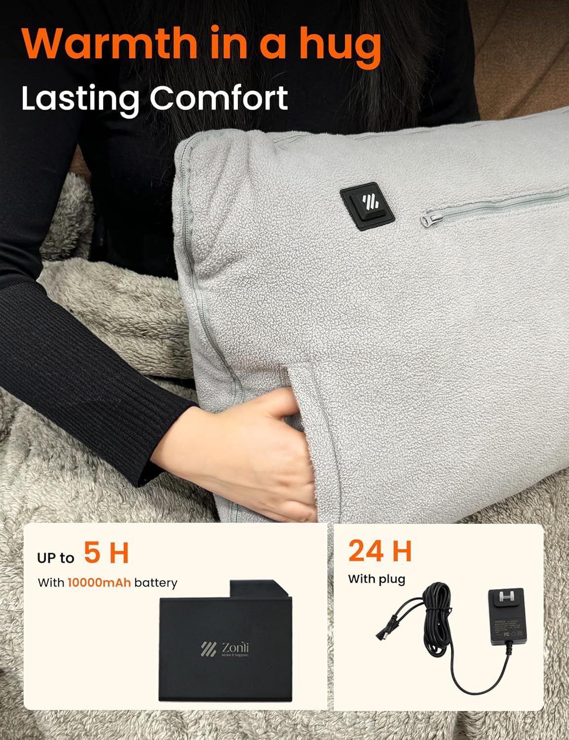 ZonLi ZHug Portable Heated Blanket Heated Blanket Battery Operated Cordless Heated Blanket with Cloak and Pillow Design 10000 mAh Battery Heated Blanket with 3 Heating Levels Ember Gray