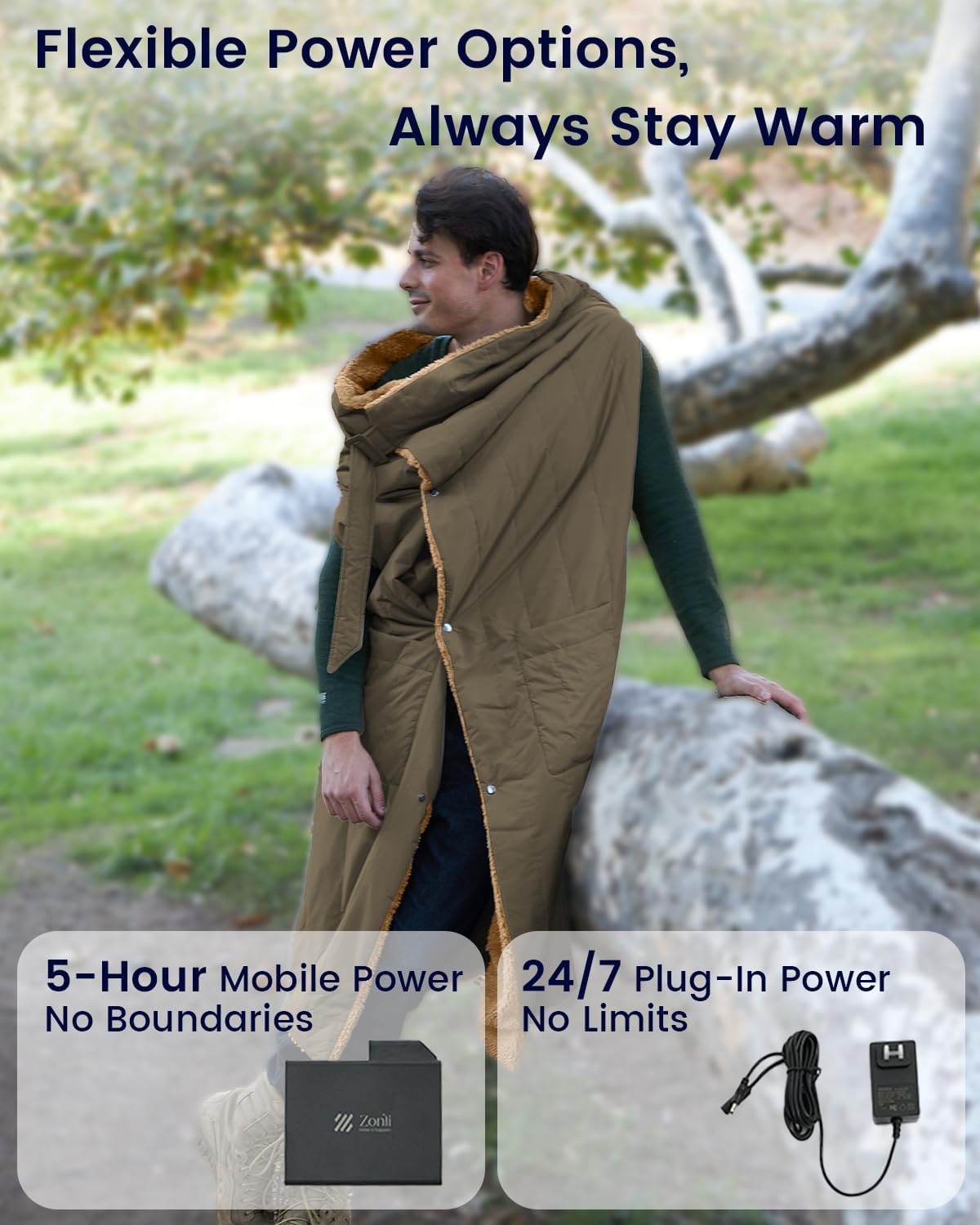 ZonLi ZStyle Battery Operated Heated Blanket Wearable Portable Heated Blanket Cordless with 10000mAH Battery Best for Office Outdoor Camping Heated Jacket 3 Heating Levels 74V Tailored CamelClassic Army Green