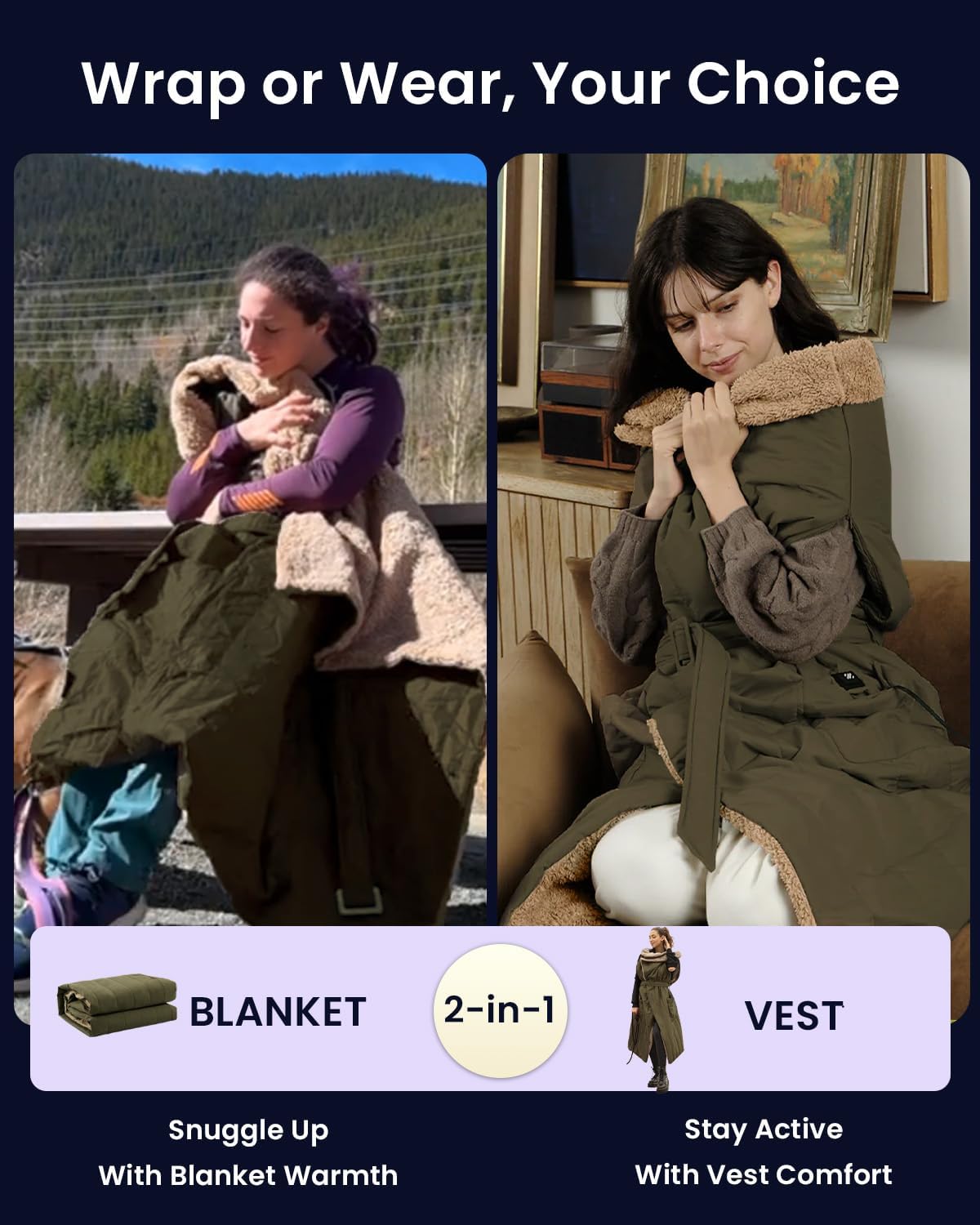 ZonLi ZStyle Battery Operated Heated Blanket Wearable Portable Heated Blanket Cordless with 10000mAH Battery Best for Office Outdoor Camping Heated Jacket 3 Heating Levels 74V Tailored CamelTailored Army Green