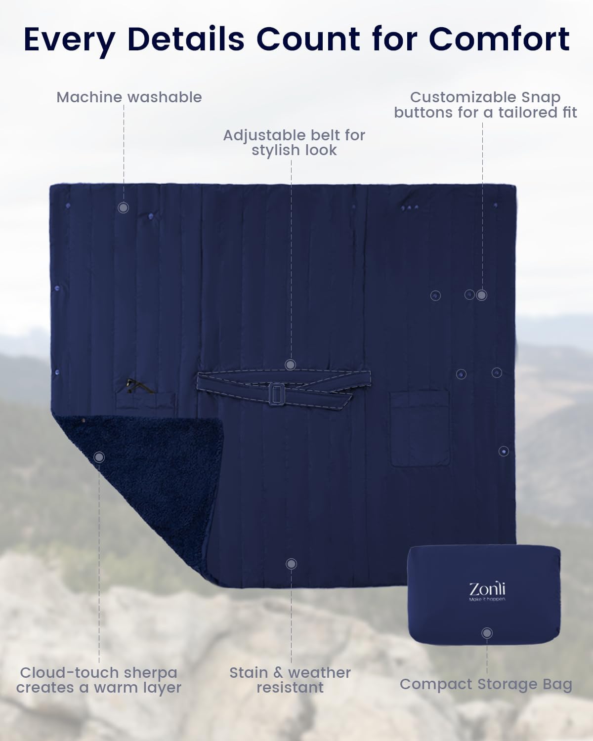 ZonLi ZStyle Battery Operated Heated Blanket Wearable Portable Heated Blanket Cordless with 10000mAH Battery Best for Office Outdoor Camping Heated Jacket 3 Heating Levels 74V Tailored CamelTailored Navy Blue