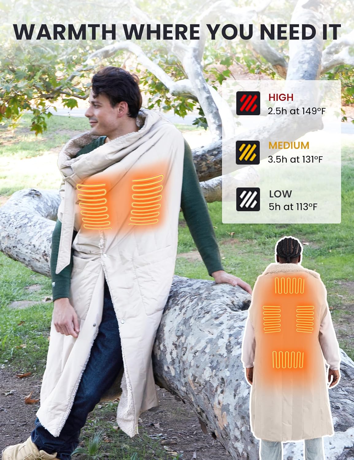 ZonLi ZStyle Battery Operated Heated Blanket Wearable Portable Heated Blanket Cordless with 10000mAH Battery Best for Office Outdoor Camping Heated Jacket 3 Heating Levels 74V Tailored CamelClassic Beige