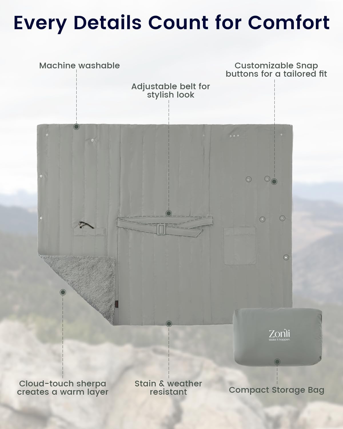 ZonLi ZStyle Battery Operated Heated Blanket Wearable Portable Heated Blanket Cordless with 10000mAH Battery Best for Office Outdoor Camping Heated Jacket 3 Heating Levels 74V Tailored CamelTailored Grey