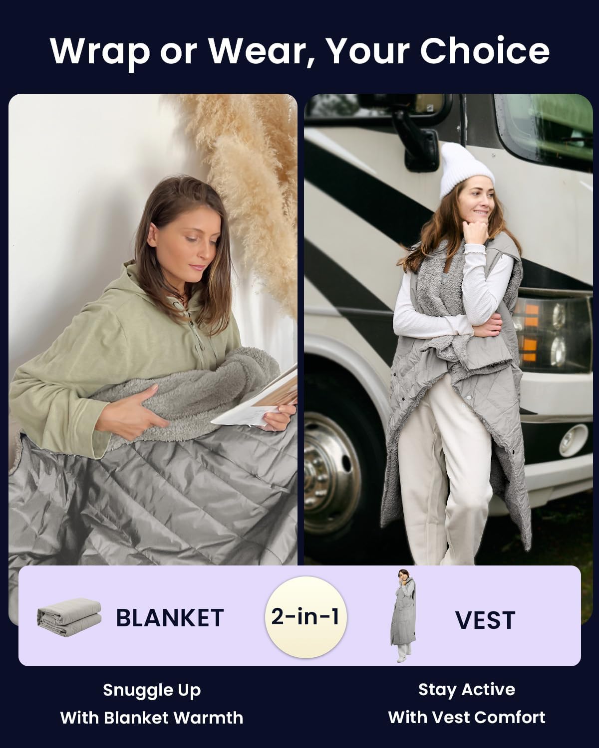 ZonLi ZStyle Battery Operated Heated Blanket Wearable Portable Heated Blanket Cordless with 10000mAH Battery Best for Office Outdoor Camping Heated Jacket 3 Heating Levels 74V Tailored CamelClassic Grey