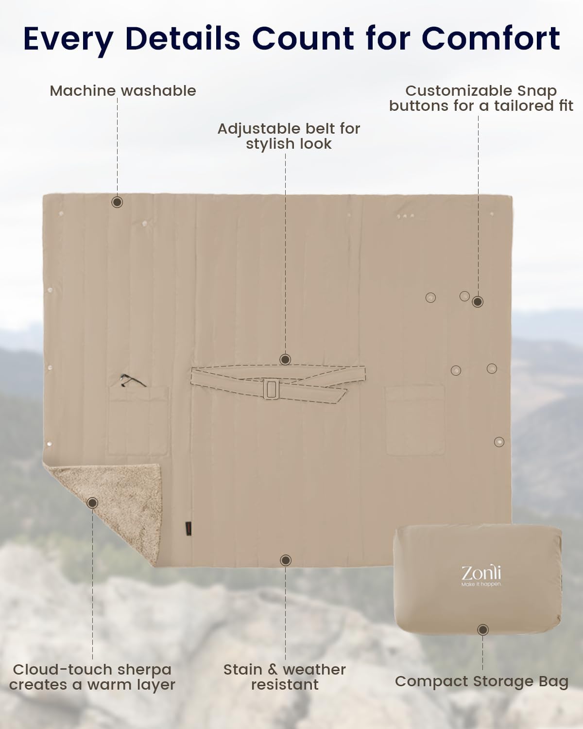 ZonLi ZStyle Battery Operated Heated Blanket Wearable Portable Heated Blanket Cordless with 10000mAH Battery Best for Office Outdoor Camping Heated Jacket 3 Heating Levels 74V Tailored CamelTailored Camel