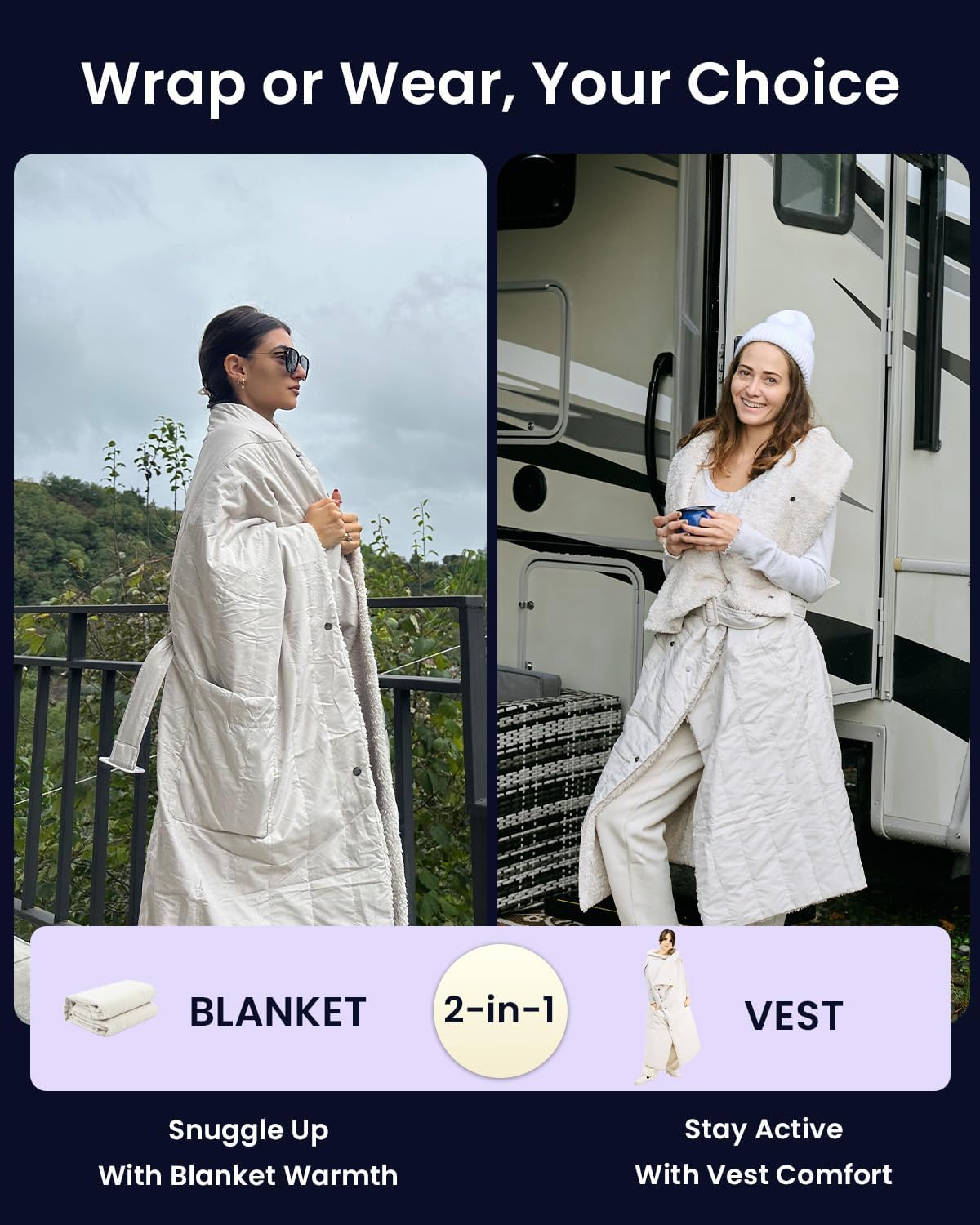 ZonLi ZStyle Battery Operated Heated Blanket Wearable Portable Heated Blanket Cordless with 10000mAH Battery Best for Office Outdoor Camping Heated Jacket 3 Heating Levels 74V Tailored CamelTailored Beige