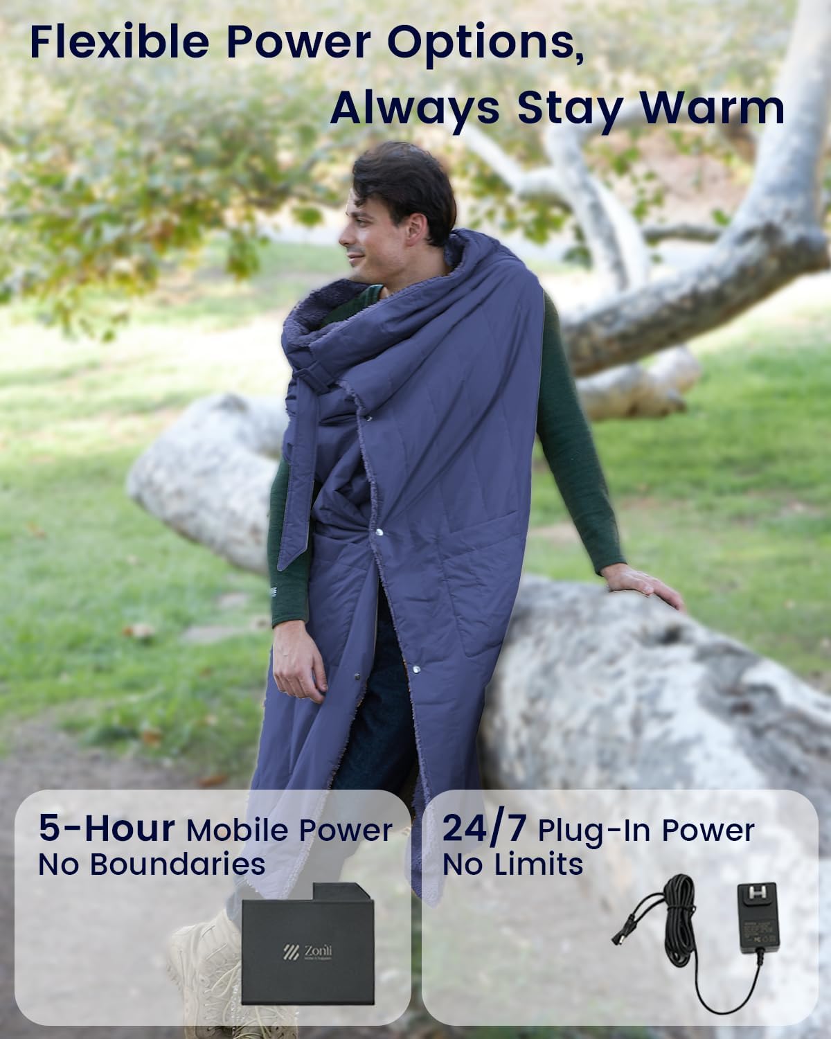 ZonLi ZStyle Battery Operated Heated Blanket Wearable Portable Heated Blanket Cordless with 10000mAH Battery Best for Office Outdoor Camping Heated Jacket 3 Heating Levels 74V Tailored CamelClassic Navy Blue