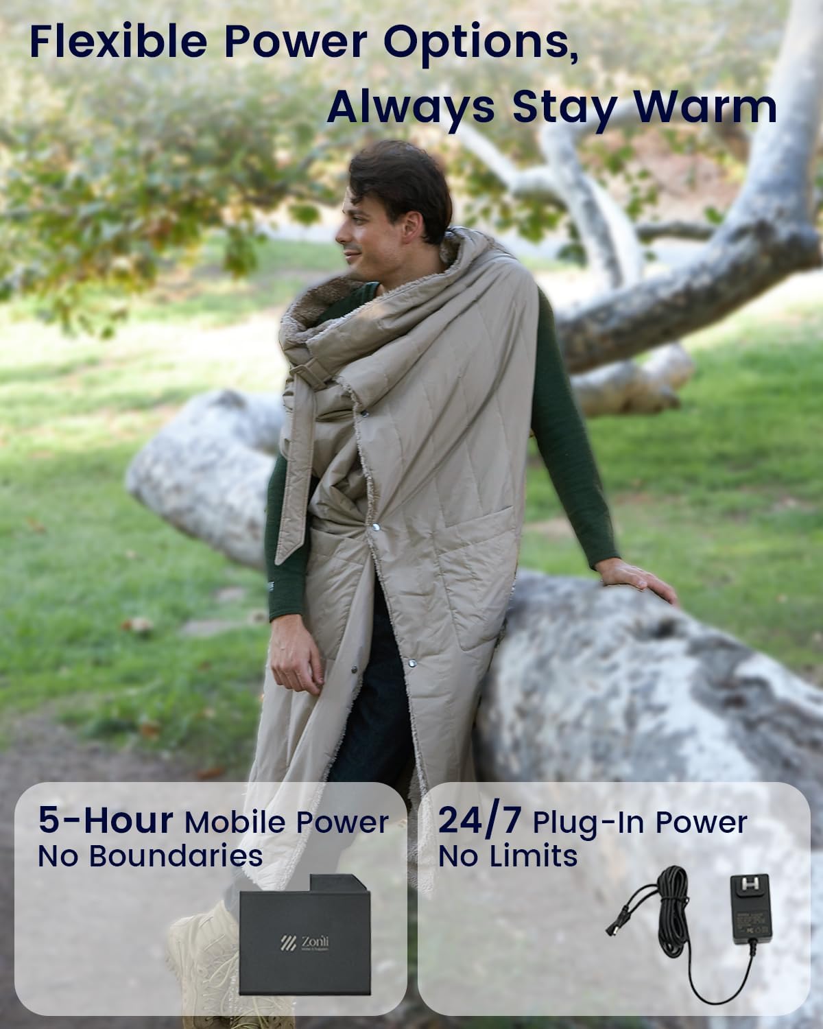 ZonLi ZStyle Battery Operated Heated Blanket Wearable Portable Heated Blanket Cordless with 10000mAH Battery Best for Office Outdoor Camping Heated Jacket 3 Heating Levels 74V Tailored CamelClassic Grey