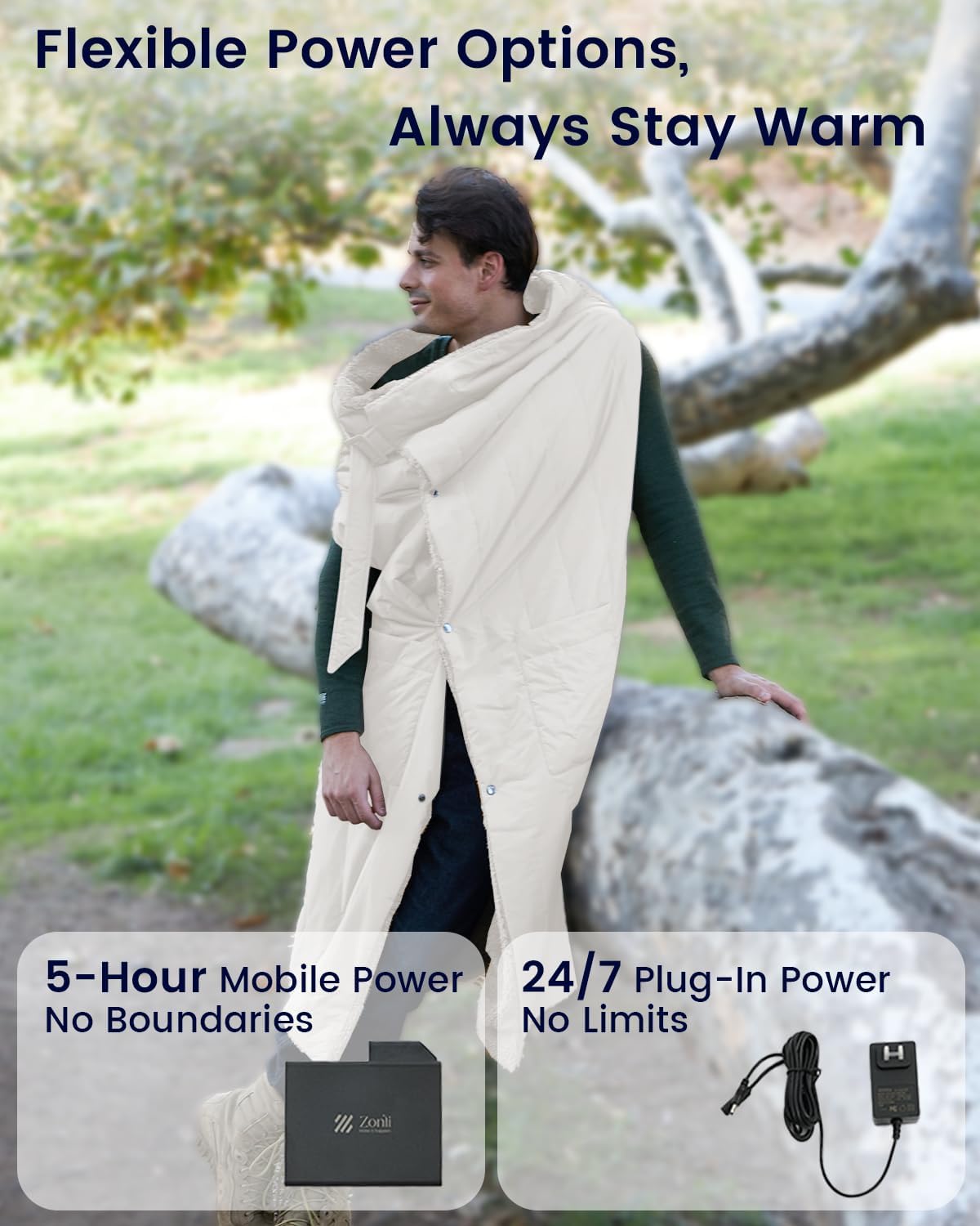ZonLi ZStyle Battery Operated Heated Blanket Wearable Portable Heated Blanket Cordless with 10000mAH Battery Best for Office Outdoor Camping Heated Jacket 3 Heating Levels 74V Tailored CamelClassic Beige