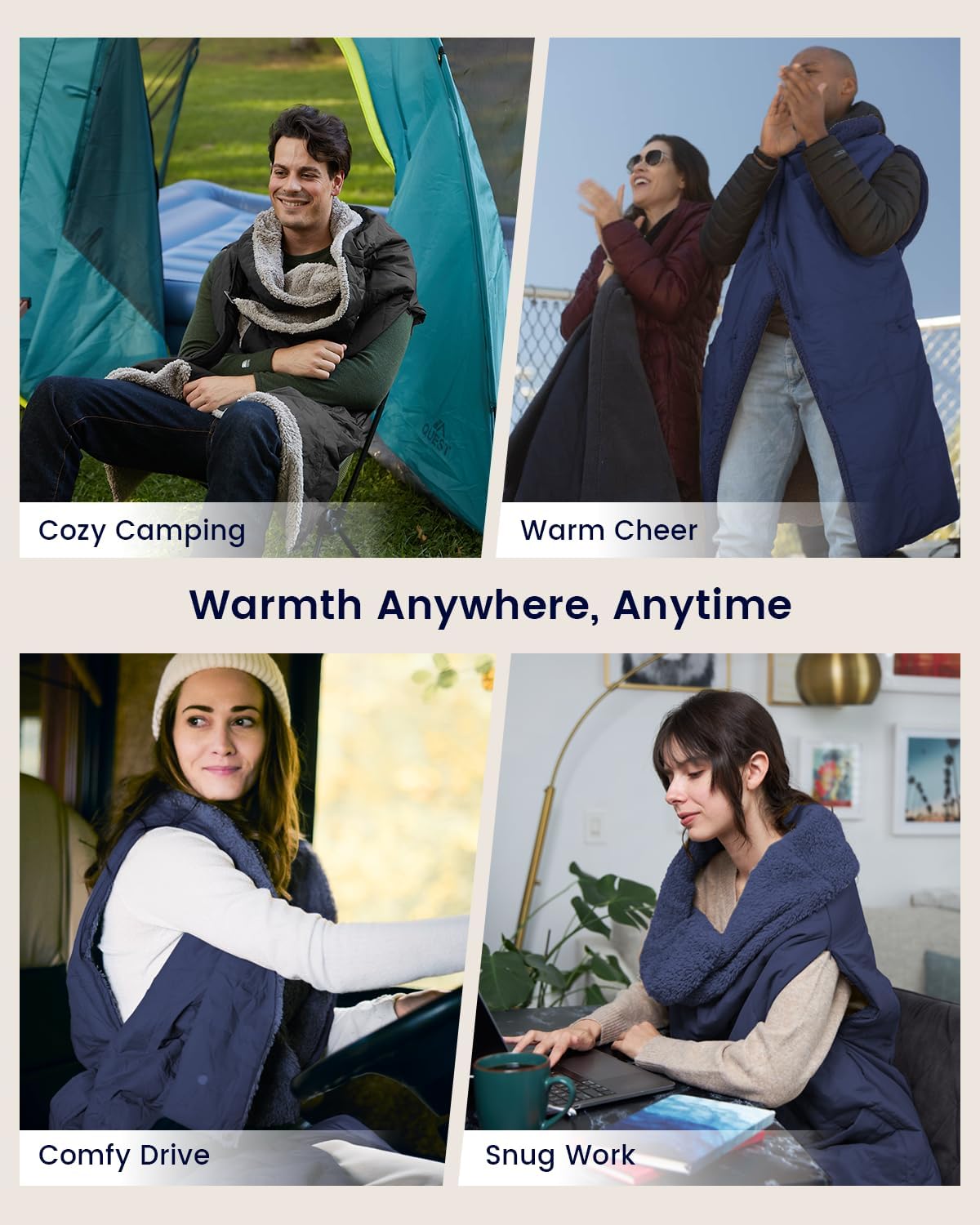 ZonLi ZStyle Battery Operated Heated Blanket Wearable Portable Heated Blanket Cordless with 10000mAH Battery Best for Office Outdoor Camping Heated Jacket 3 Heating Levels 74V Tailored CamelTailored Navy Blue