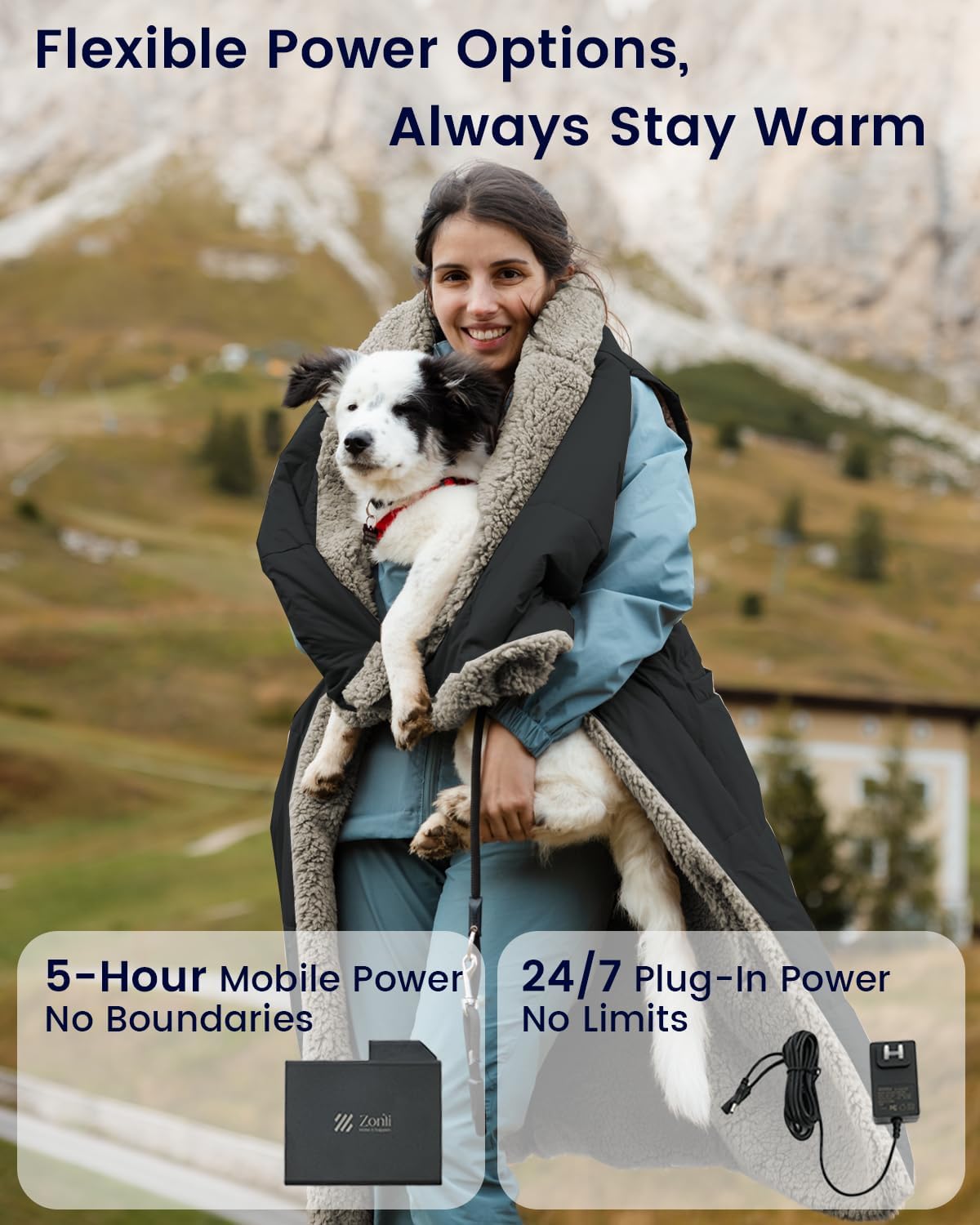 ZonLi ZStyle Heated Blanket Battery Operated Wearable Cordless Heated Blanket with 10000mAH Battery Portable Rechargeable Heated Jacket for Office Outdoor 3 Heating Levels 74V Tailored Black