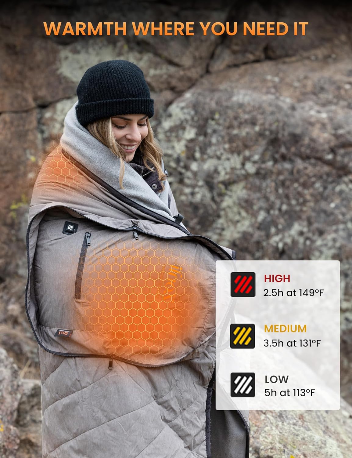 Zonli ZWalk Heated Blanket Battery Operated Cordless Portable Electric Blankets with 3 Heating Levels Rechargeable 74V 10000mAh Battery Wearable Cloak with Zipper for Outdoor Sports and CampingLight Grey