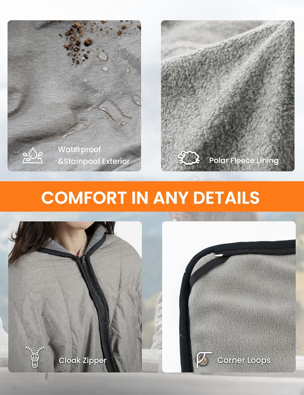 Zonli ZWalk Heated Blanket Battery Operated Cordless Portable Electric Blankets with 3 Heating Levels Rechargeable 74V 10000mAh Battery Wearable Cloak with Zipper for Outdoor Sports and CampingLight Grey