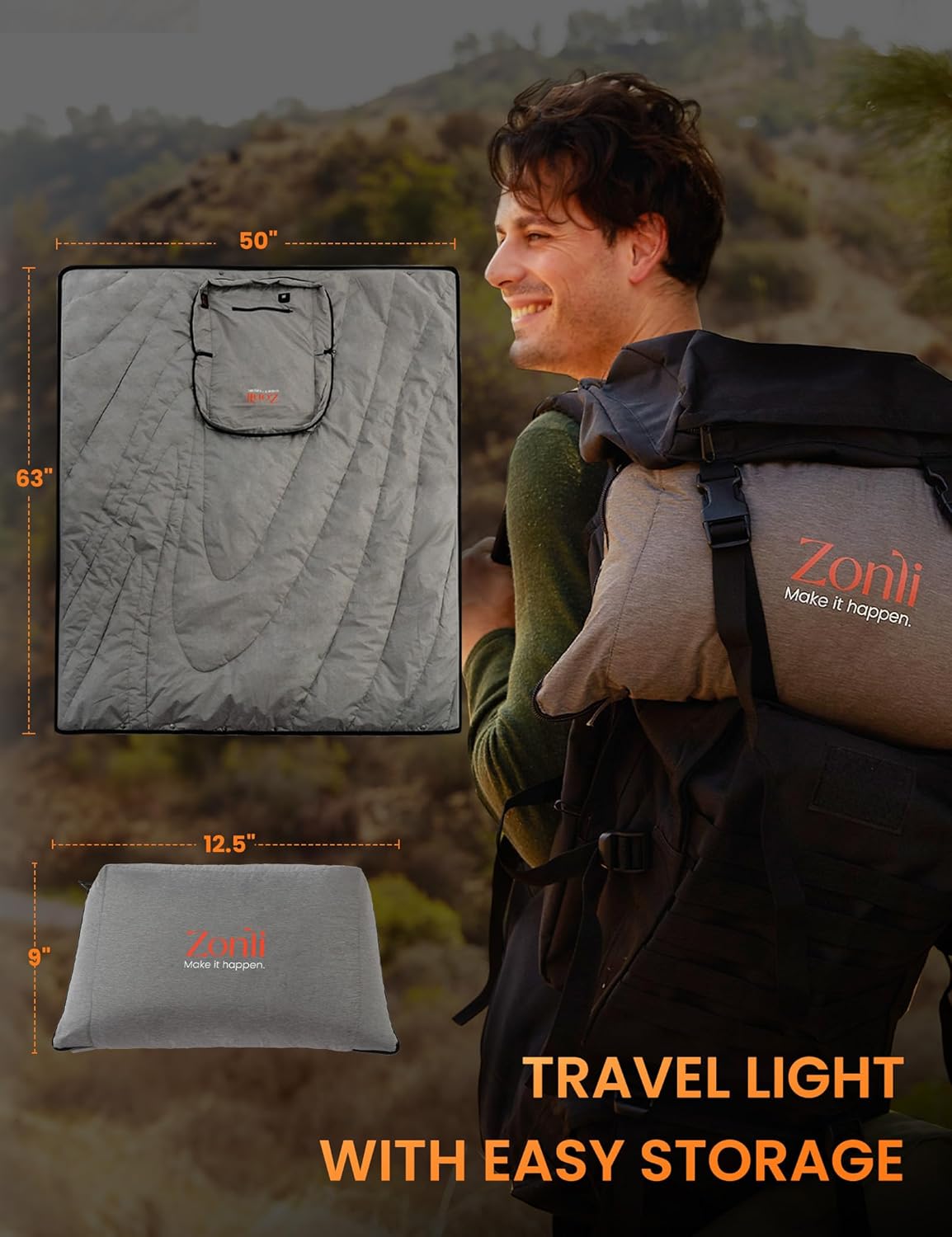 Zonli ZWalk Heated Blanket Battery Operated Cordless Portable Electric Blankets with 3 Heating Levels Rechargeable 74V 10000mAh Battery Wearable Cloak with Zipper for Outdoor Sports and CampingDark Grey