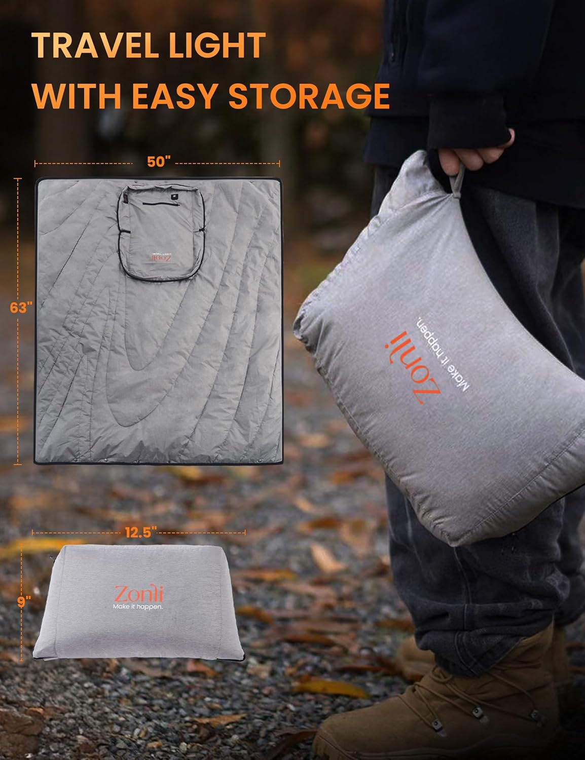 Zonli ZWalk Heated Blanket Battery Operated Cordless Portable Electric Blankets with 3 Heating Levels Rechargeable 74V 10000mAh Battery Wearable Cloak with Zipper for Outdoor Sports and CampingLight Grey
