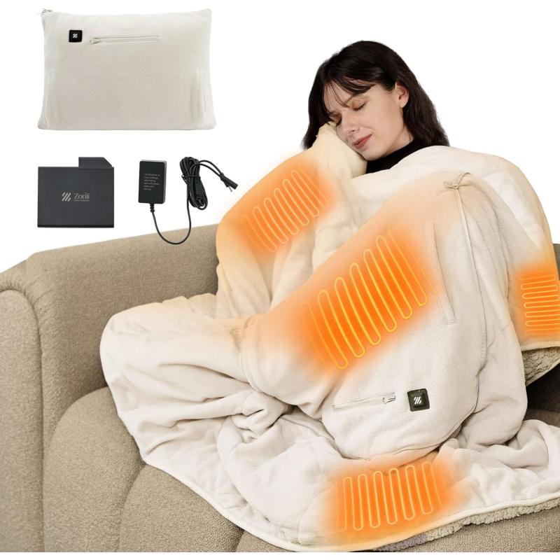 ZonLi ZHug Heated Blanket Battery Operated Portable Heated Blanket Cordless Heated Blanket with Cloak and Pillow Design 10000 mAh Battery Heated Blanket with 3 Heating Levels Honied WhiteCreamy White