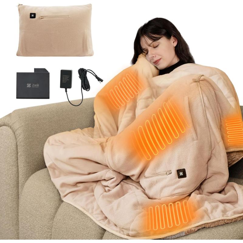 ZonLi ZHug Heated Blanket Battery Operated Portable Heated Blanket Cordless Heated Blanket with Cloak and Pillow Design 10000 mAh Battery Heated Blanket with 3 Heating Levels Honied WhitePastel Pink