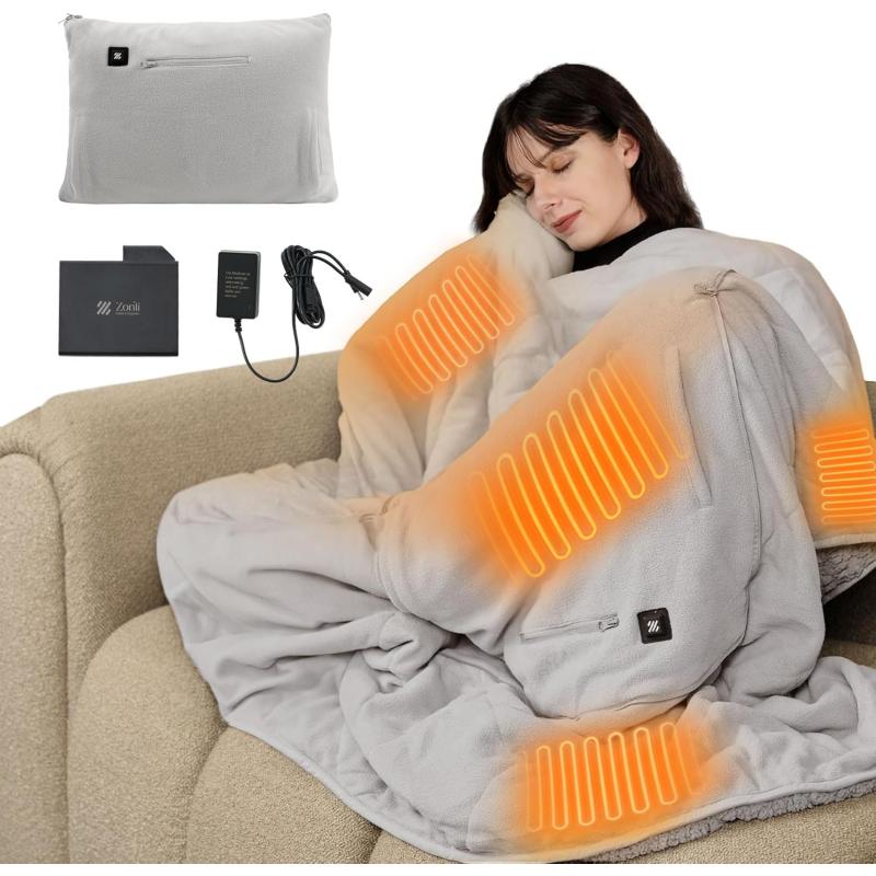 ZonLi ZHug Portable Heated Blanket Heated Blanket Battery Operated Cordless Heated Blanket with Cloak and Pillow Design 10000 mAh Battery Heated Blanket with 3 Heating Levels Ember Gray