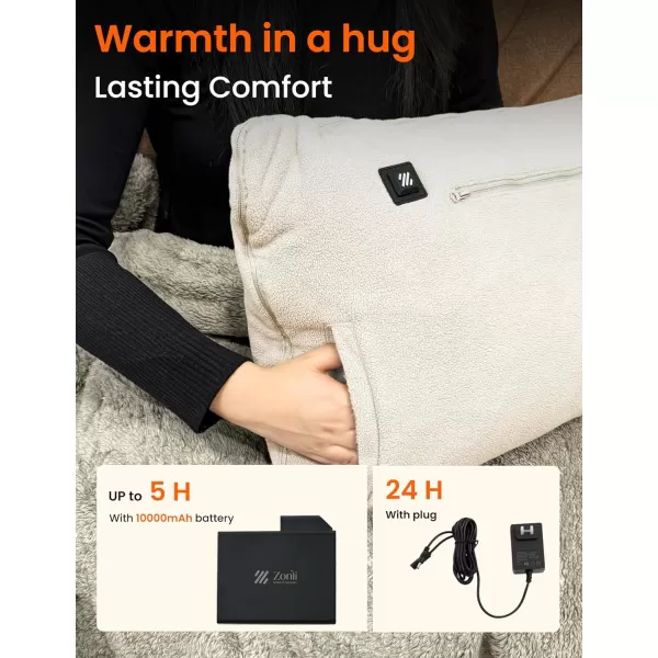 ZonLi ZHug Heated Blanket Battery Operated Portable Heated Blanket Cordless Heated Blanket with Cloak and Pillow Design 10000 mAh Battery Heated Blanket with 3 Heating Levels Honied WhiteCreamy White