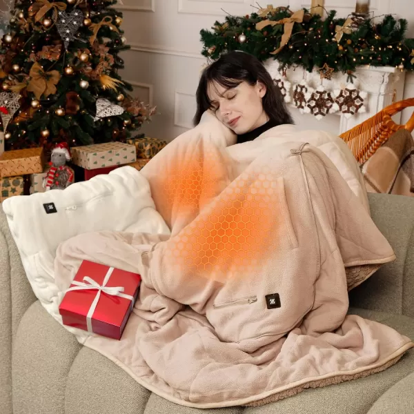 ZonLi ZHug Heated Blanket Battery Operated Portable Heated Blanket Cordless Heated Blanket with Cloak and Pillow Design 10000 mAh Battery Heated Blanket with 3 Heating Levels Honied WhitePastel Pink