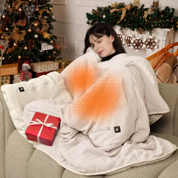 ZonLi ZHug Heated Blanket Battery Operated Portable Heated Blanket Cordless Heated Blanket with Cloak and Pillow Design 10000 mAh Battery Heated Blanket with 3 Heating Levels Honied WhiteCreamy White