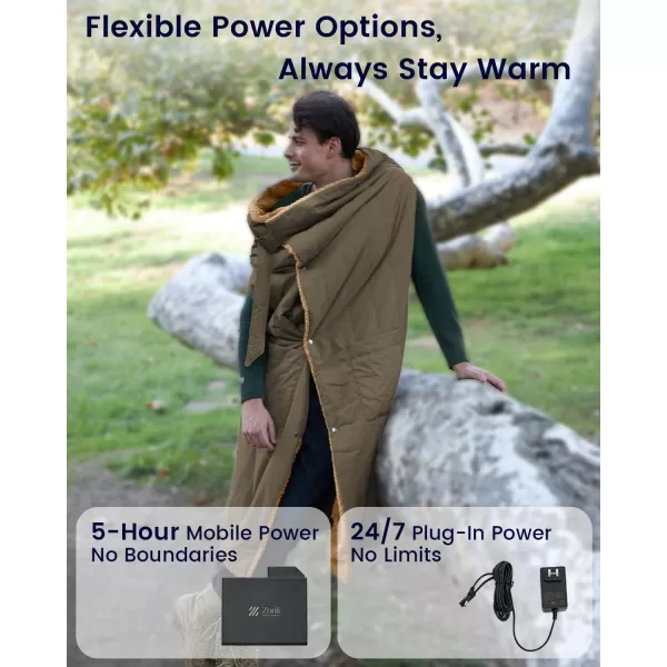ZonLi ZStyle Battery Operated Heated Blanket Wearable Portable Heated Blanket Cordless with 10000mAH Battery Best for Office Outdoor Camping Heated Jacket 3 Heating Levels 74V Tailored CamelClassic Army Green