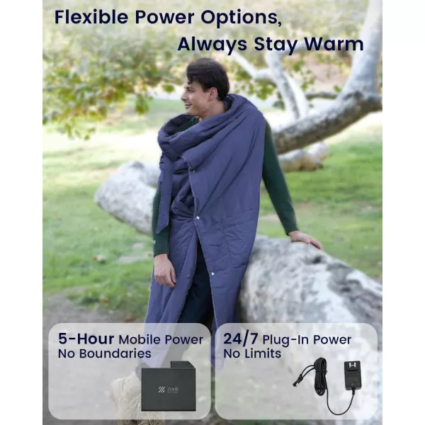 ZonLi ZStyle Battery Operated Heated Blanket Wearable Portable Heated Blanket Cordless with 10000mAH Battery Best for Office Outdoor Camping Heated Jacket 3 Heating Levels 74V Tailored CamelClassic Navy Blue