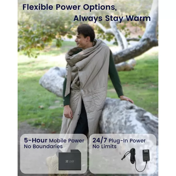 ZonLi ZStyle Battery Operated Heated Blanket Wearable Portable Heated Blanket Cordless with 10000mAH Battery Best for Office Outdoor Camping Heated Jacket 3 Heating Levels 74V Tailored CamelClassic Grey