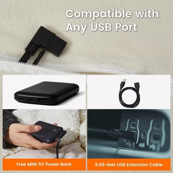 ZonLi ZWalk 50quot x 60quot USB Heated Blanket  Heated Blanket Battery Operated Portable Heated Blanket with 5K mAh Power Bank 3 Heating Levels Includes USB Extension Cord Machine Washable White