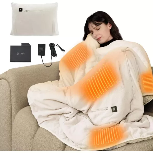ZonLi ZHug Heated Blanket Battery Operated Portable Heated Blanket Cordless Heated Blanket with Cloak and Pillow Design 10000 mAh Battery Heated Blanket with 3 Heating Levels Honied WhiteHonied White
