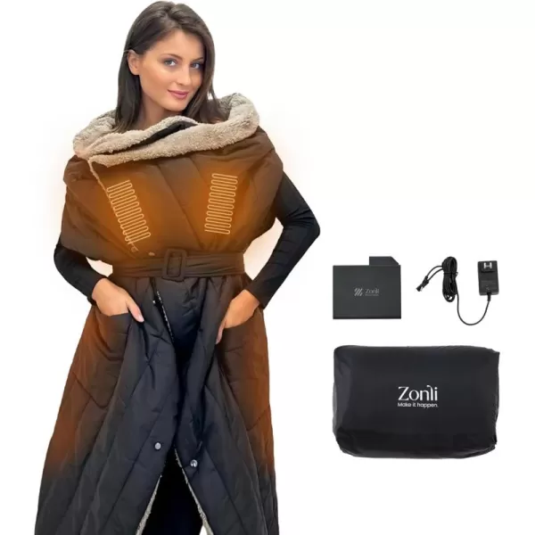 ZonLi ZStyle Heated Blanket Battery Operated Wearable Cordless Heated Blanket with 10000mAH Battery Portable Rechargeable Heated Jacket for Office Outdoor 3 Heating Levels 74V Tailored Black
