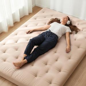 image:imageZonLi Japanese Floor Futon Mattress Queen Size 80x 60 100 Cotton Cover 4 Thicken Tatami Mattress Foldable Sleeping Pad Portable Dormitory Tatami Mat Roll Up Floor Lounger Bed for AdultKhaki