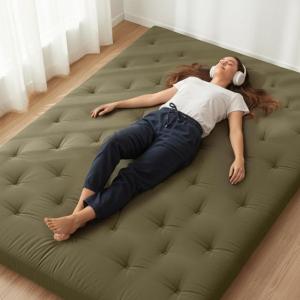 image:imageZonLi Japanese Floor Futon Mattress Queen Size 80x 60 100 Cotton Cover 4 Thicken Tatami Mattress Foldable Sleeping Pad Portable Dormitory Tatami Mat Roll Up Floor Lounger Bed for AdultWinter Moss