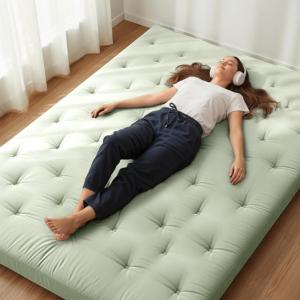 image:imageZonLi Japanese Floor Futon Mattress Queen Size 80x 60 100 Cotton Cover 4 Thicken Tatami Mattress Foldable Sleeping Pad Portable Dormitory Tatami Mat Roll Up Floor Lounger Bed for AdultSage Green