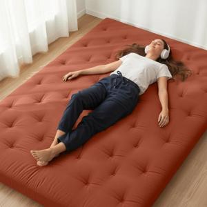 image:imageZonLi Japanese Floor Futon Mattress Queen Size 80x 60 100 Cotton Cover 4 Thicken Tatami Mattress Foldable Sleeping Pad Portable Dormitory Tatami Mat Roll Up Floor Lounger Bed for AdultCinnamon