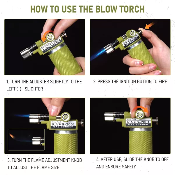 imageRAVS Butane Torch Lighter DUAL Flame Mode Kitchen Torch Cooking Torches Creme Brulee Torch lighters butane refillable Mini Torch Micro Torch Gifts for Men Soldering Torch Butane is Not IncludedGreen