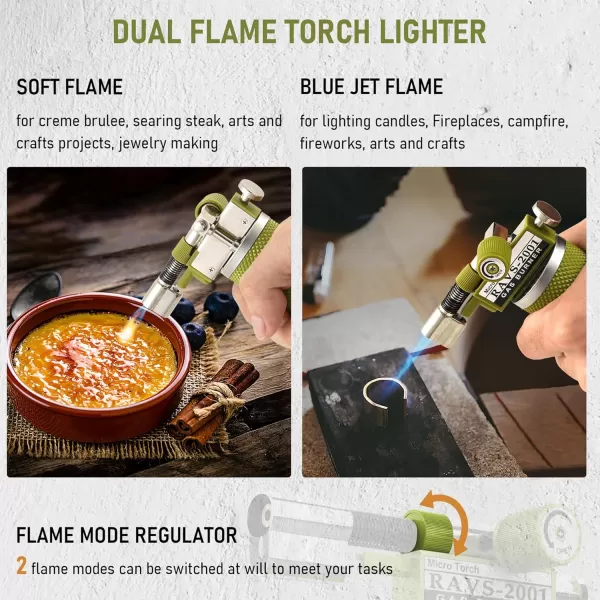 imageRAVS Butane Torch Lighter DUAL Flame Mode Kitchen Torch Cooking Torches Creme Brulee Torch lighters butane refillable Mini Torch Micro Torch Gifts for Men Soldering Torch Butane is Not IncludedGreen