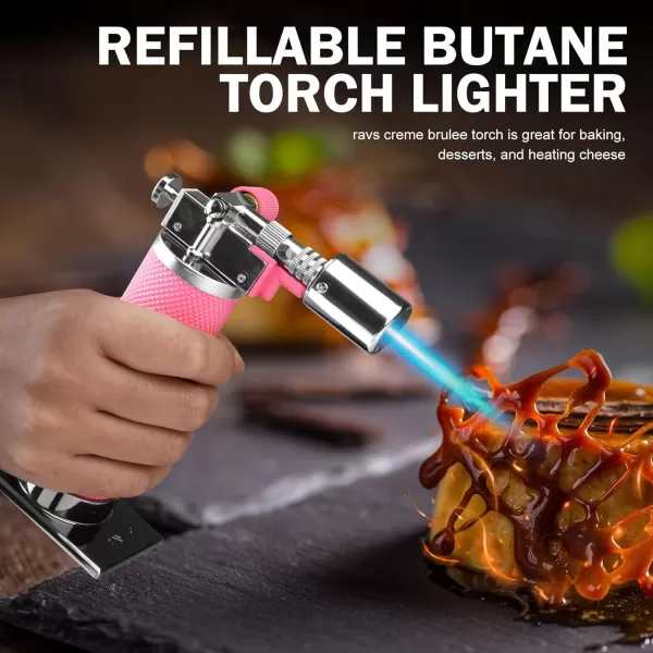 imageRAVS Butane Torch Refillable Kitchen Torch Lighter with Safety Lock and Adjustable Flame Creme Brulee Kitchen Food Torch for Baking Culinary Cooking Torch Blow Torch  Butane Gas Not IncludedPink